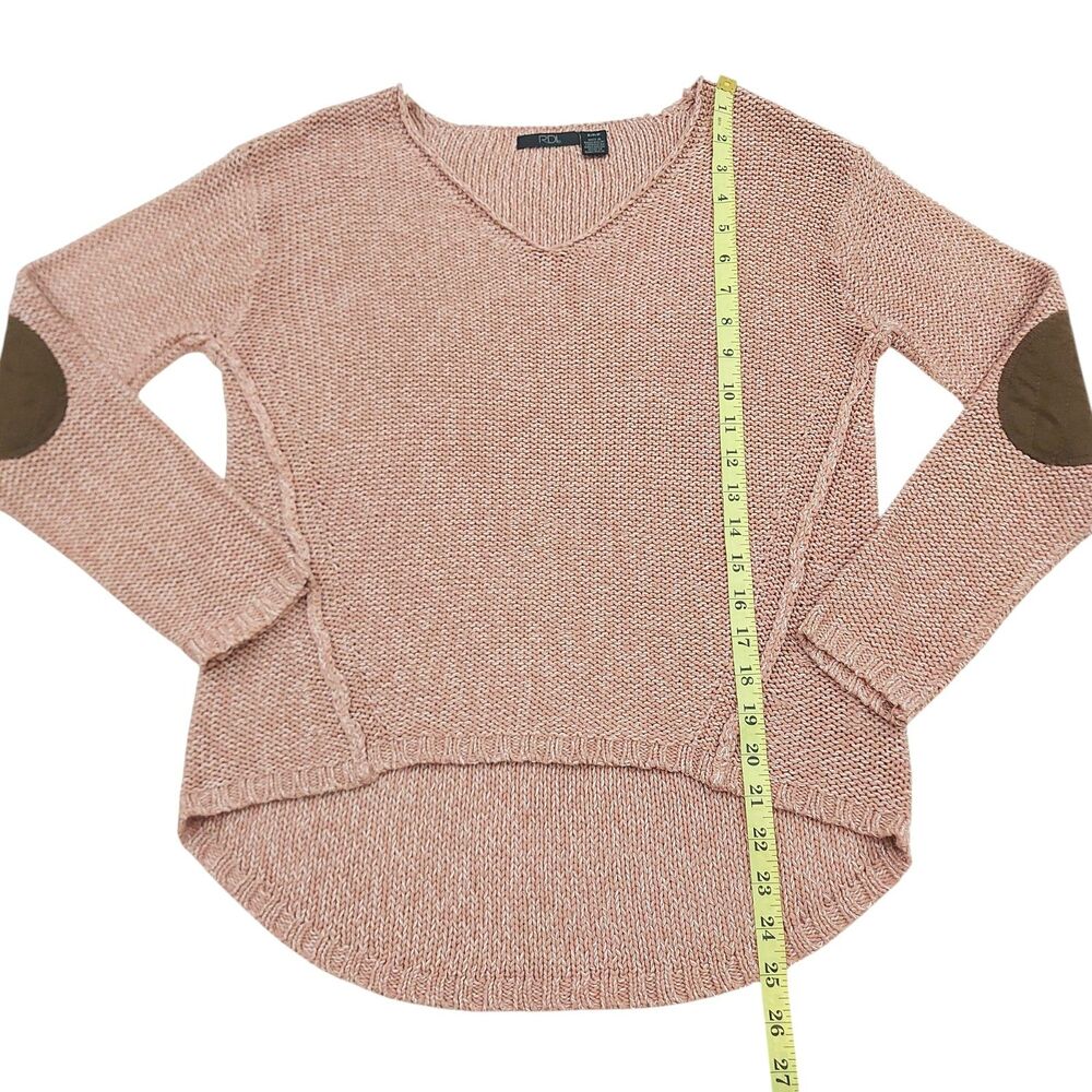 RDI Sweater Womens Small Pink Beige V-Neck Faux Suede Elbow Patch Knit Fall - Picture 11 of 11